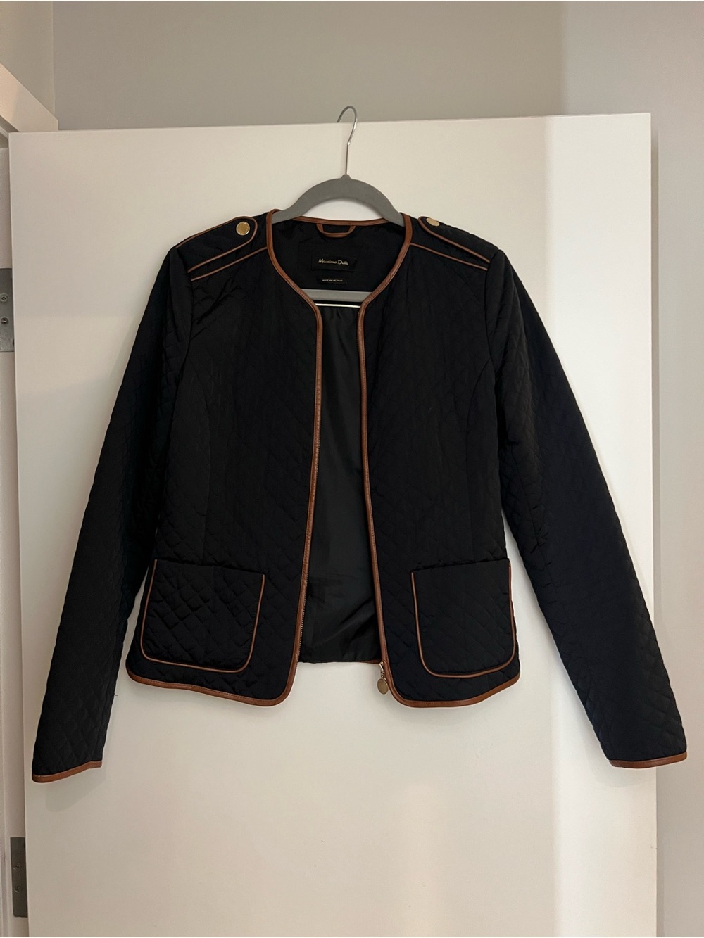 Massimo Dutti Black Quilted Jacket with Brown Trim - size M